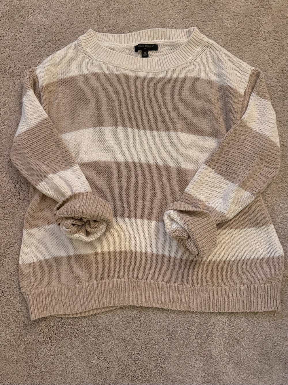 Banana Republic Beige and Cream Striped Crewneck Sweater